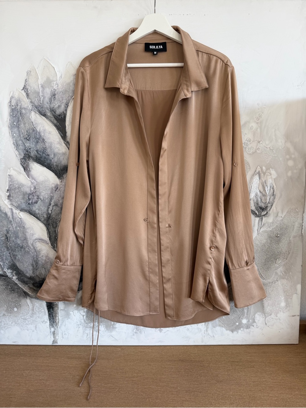 SER.O.YA Silk Taupe Button-Front Blouse